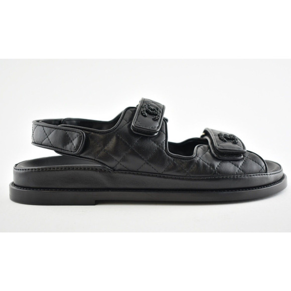 Chanel Black Leather Quilted Chain CC Logo Mule Slide Strap Flat Dad Sandal 36 - Picture 2 of 9